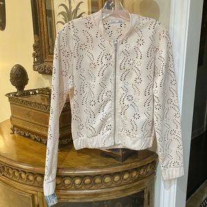 DEX Laser Cut Pale Blush Floral Bomber Jacket